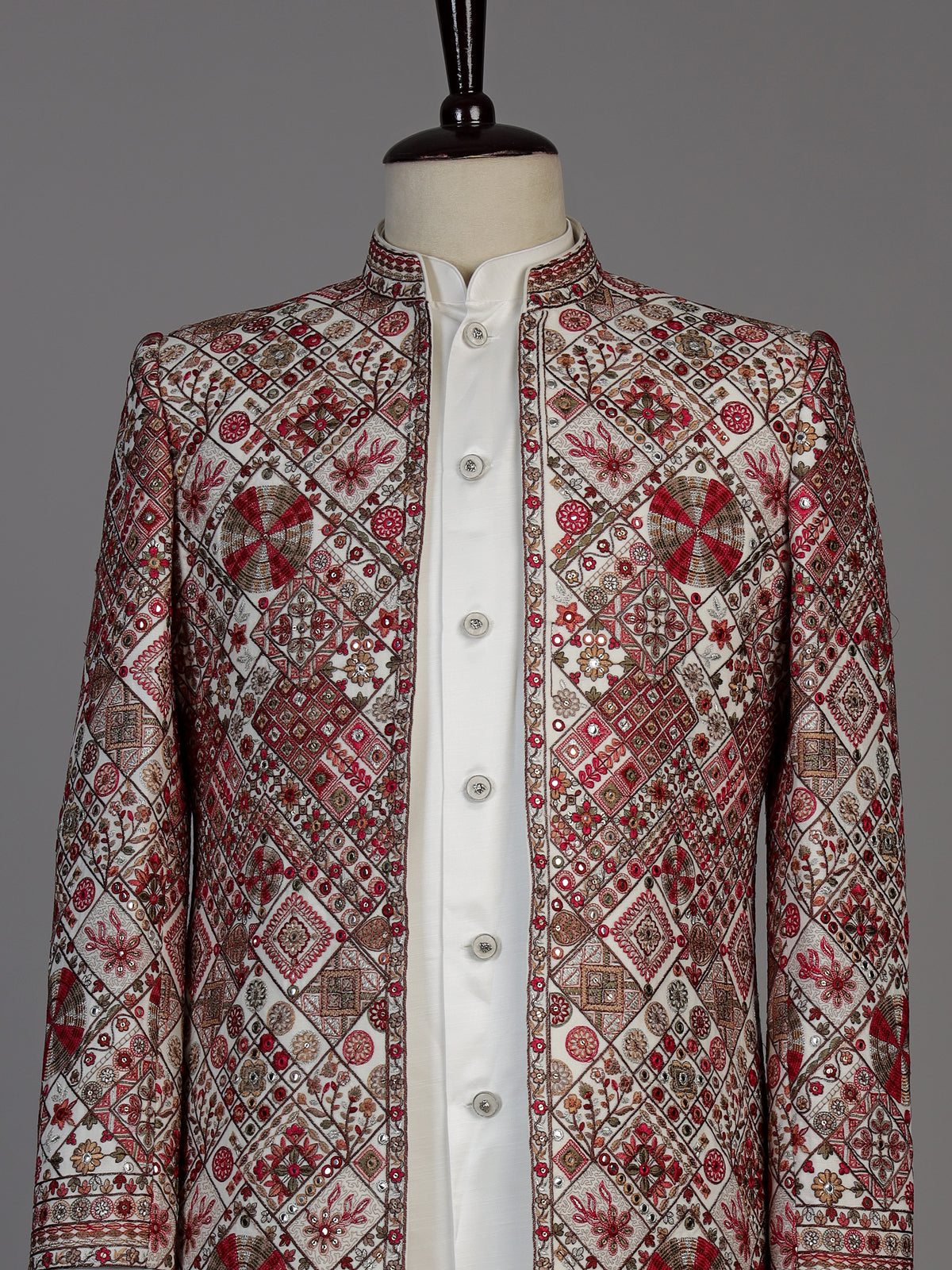 Cream mens geometric embroidered jacket indo western
