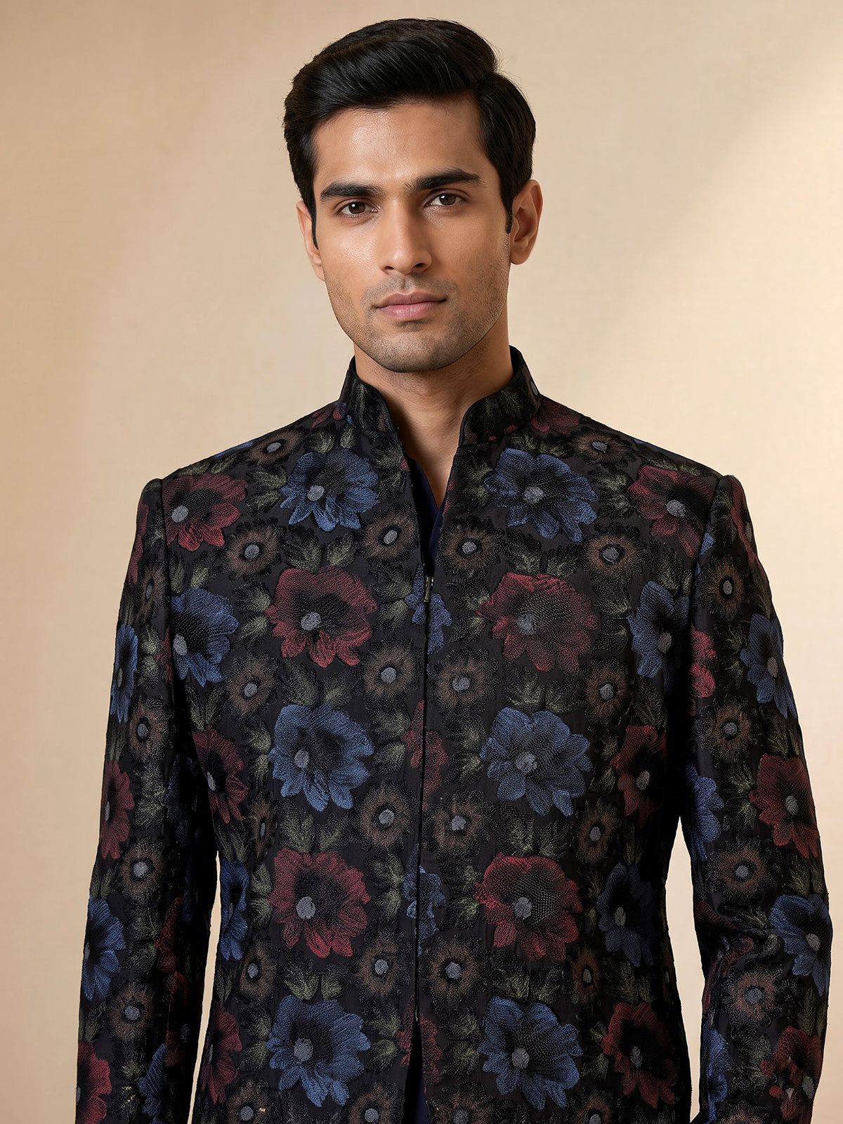 Navy blue mens floral brocade jacket indo western