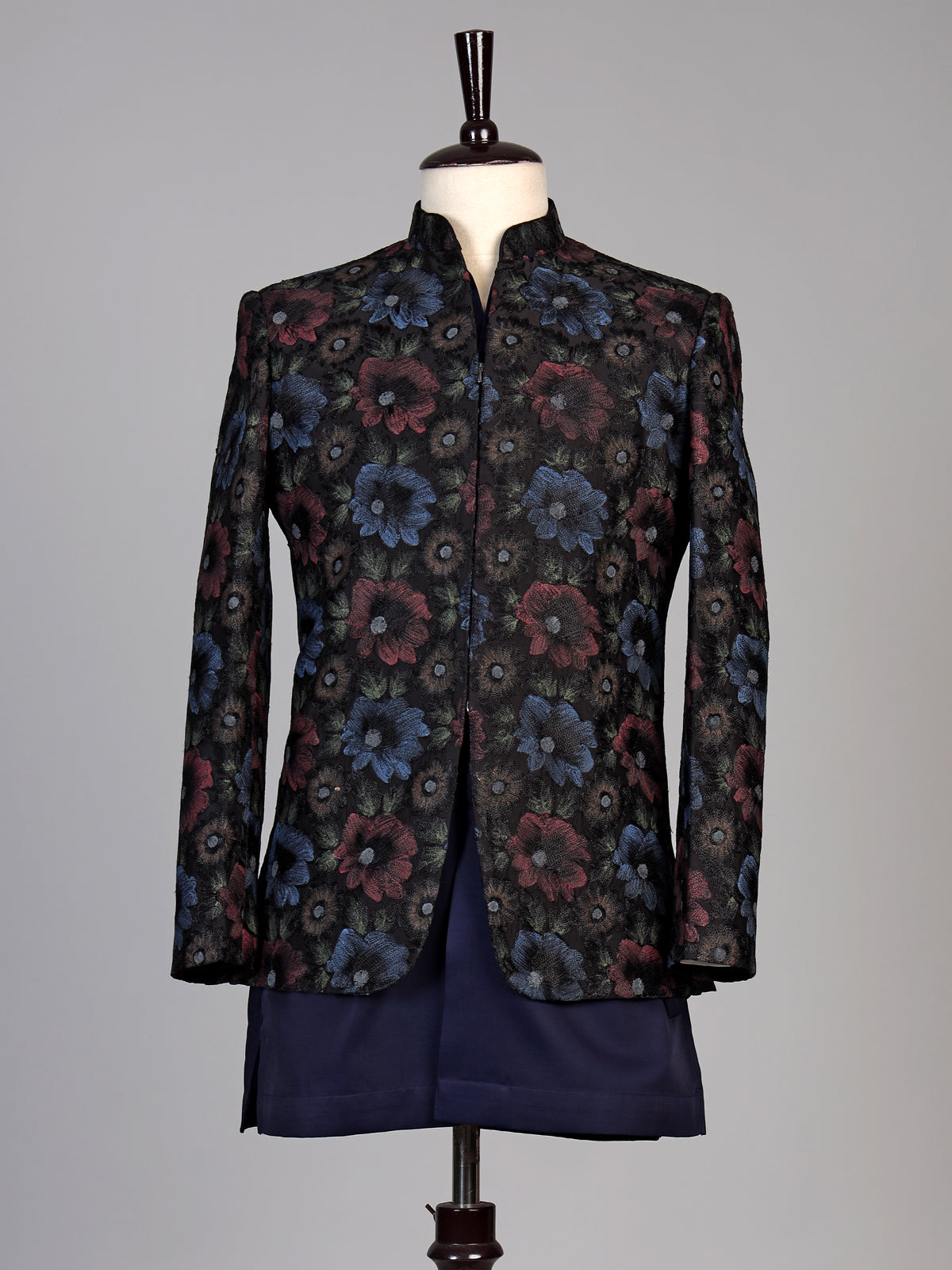 Navy blue mens floral brocade jacket indo western
