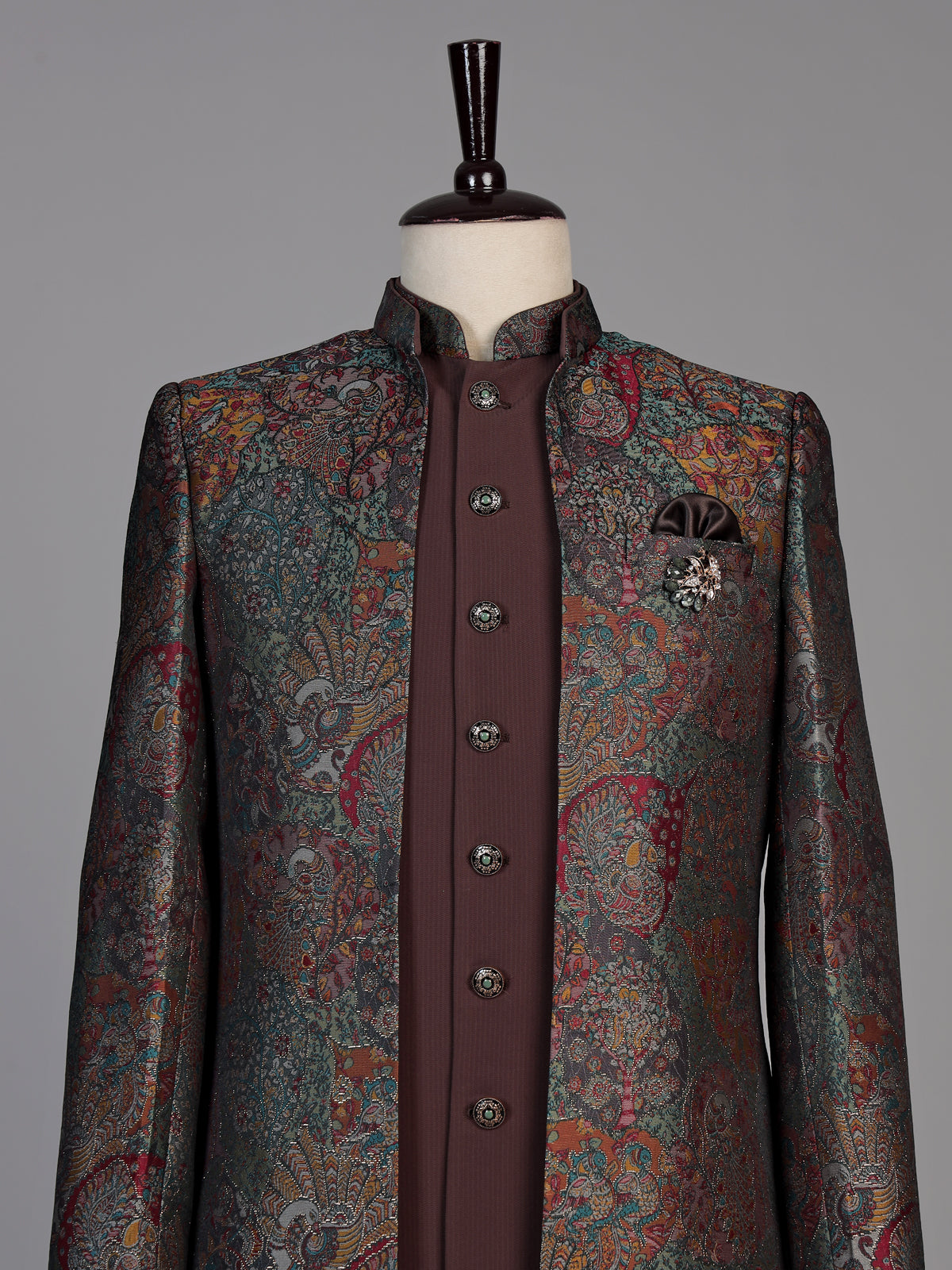 Brown mens vintage brocade jacket indo western