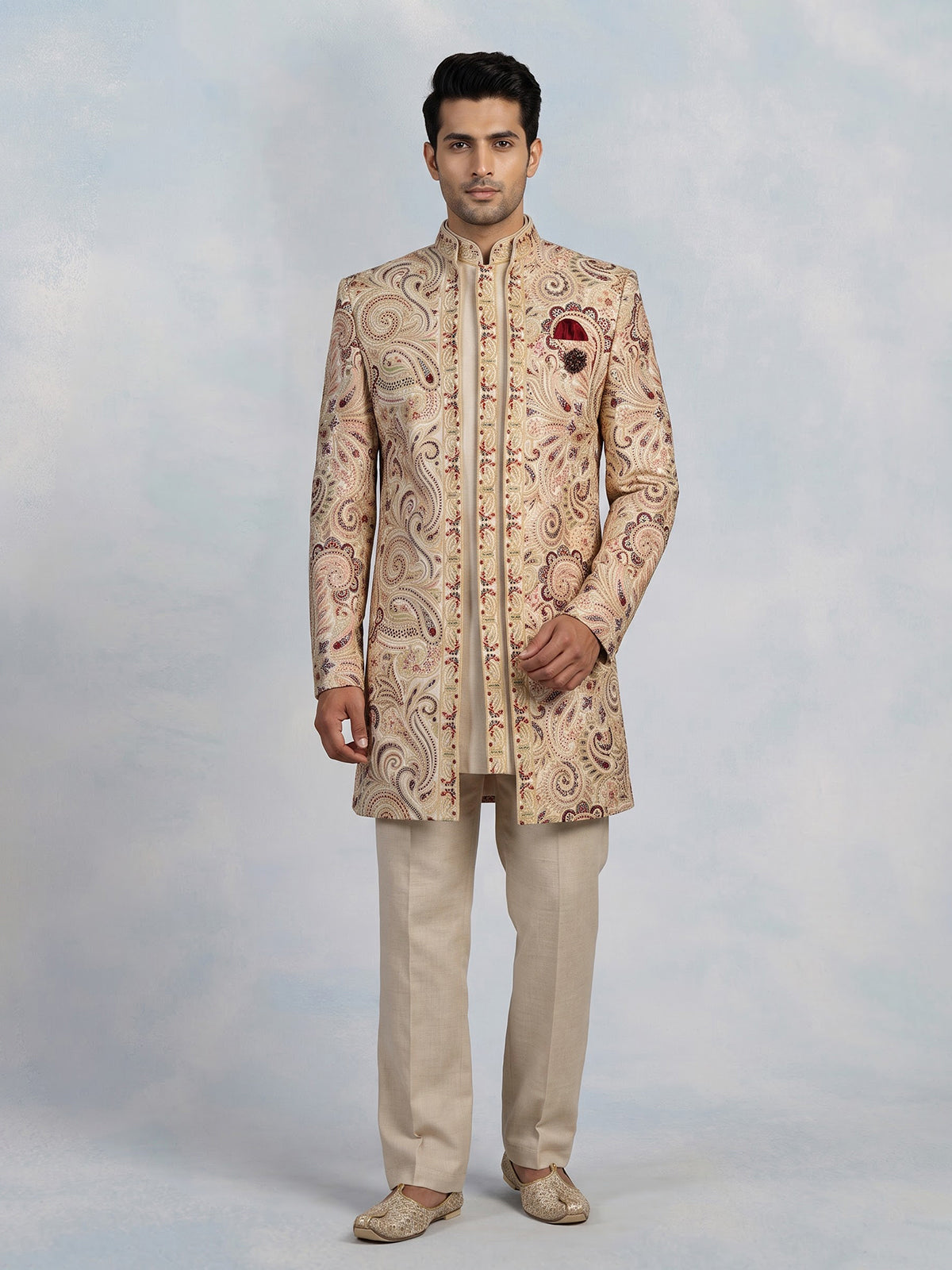Beige mens Kashmiri embroidered jacket indo western