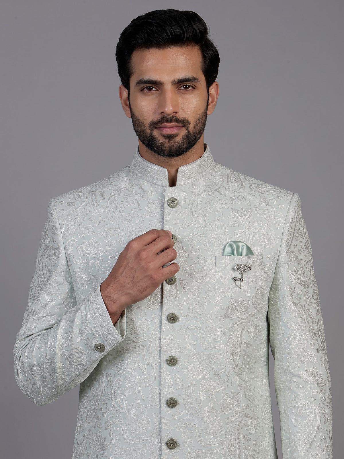 Sky blue mens paisley achkan indo western