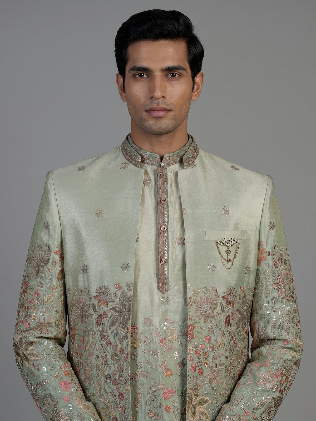 Sea green mens ombre foliage indo western