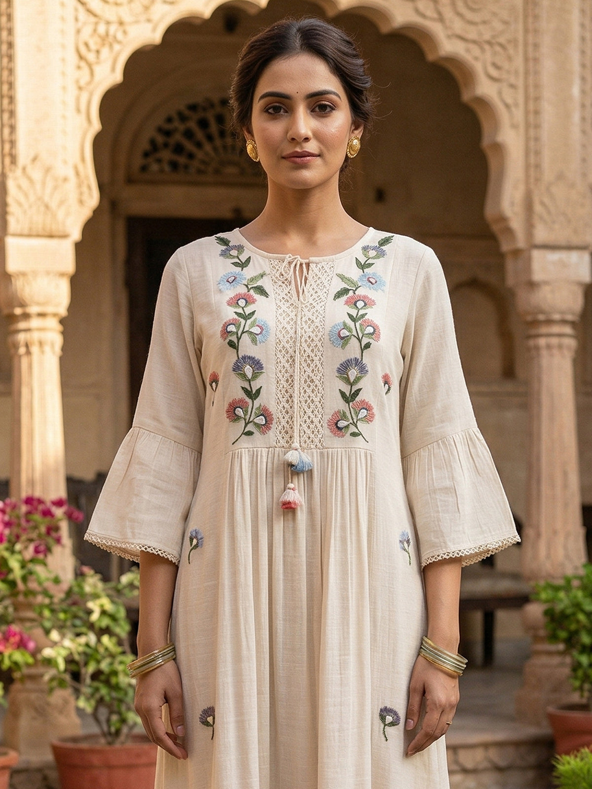 Off white cotton silk women dreamy botanical lace kurti