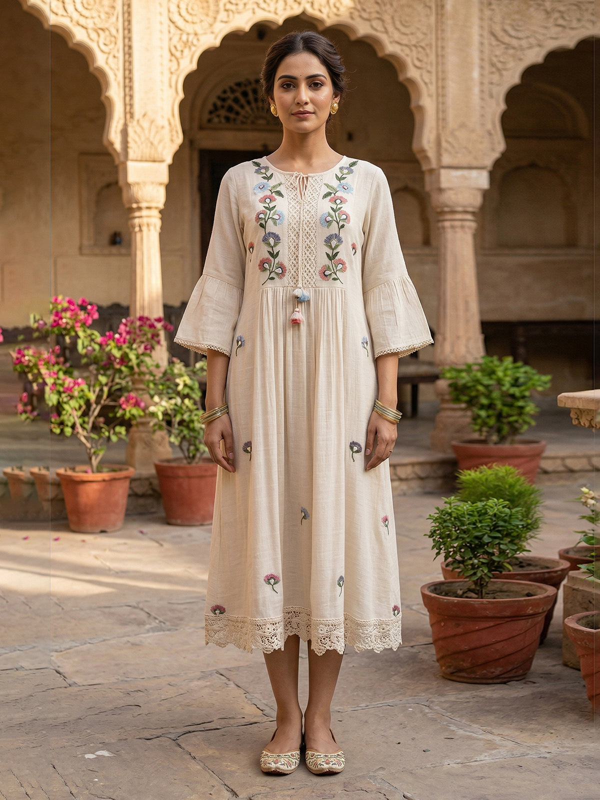 Off white cotton silk women dreamy botanical lace kurti