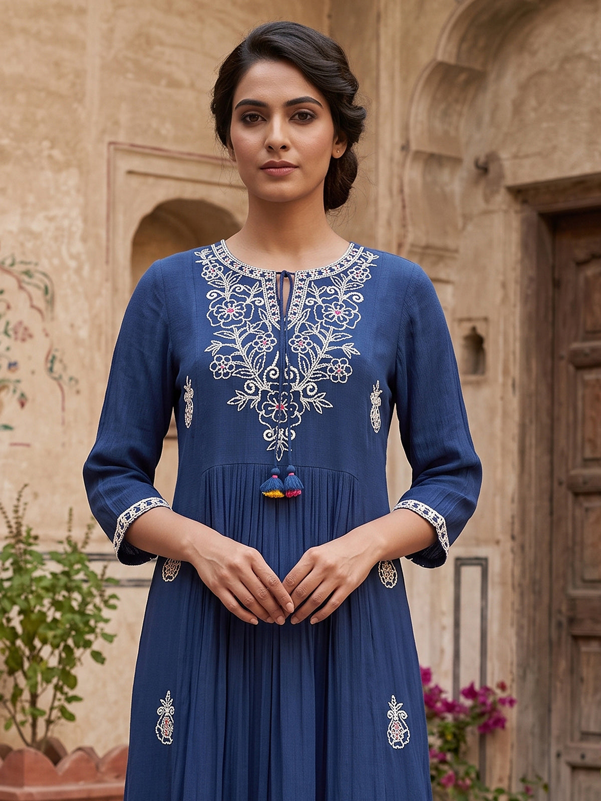 Blue cotton silk women regal Kashmiri floral kurti