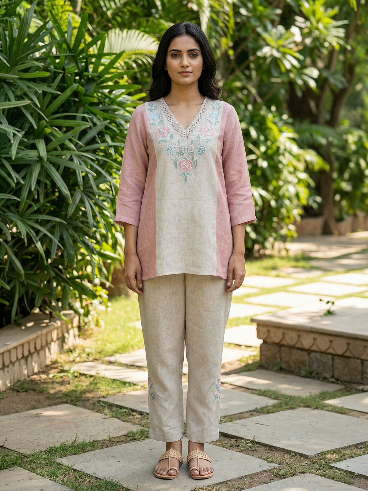 Cream cotton silk women pastel floral color-block co-ord set