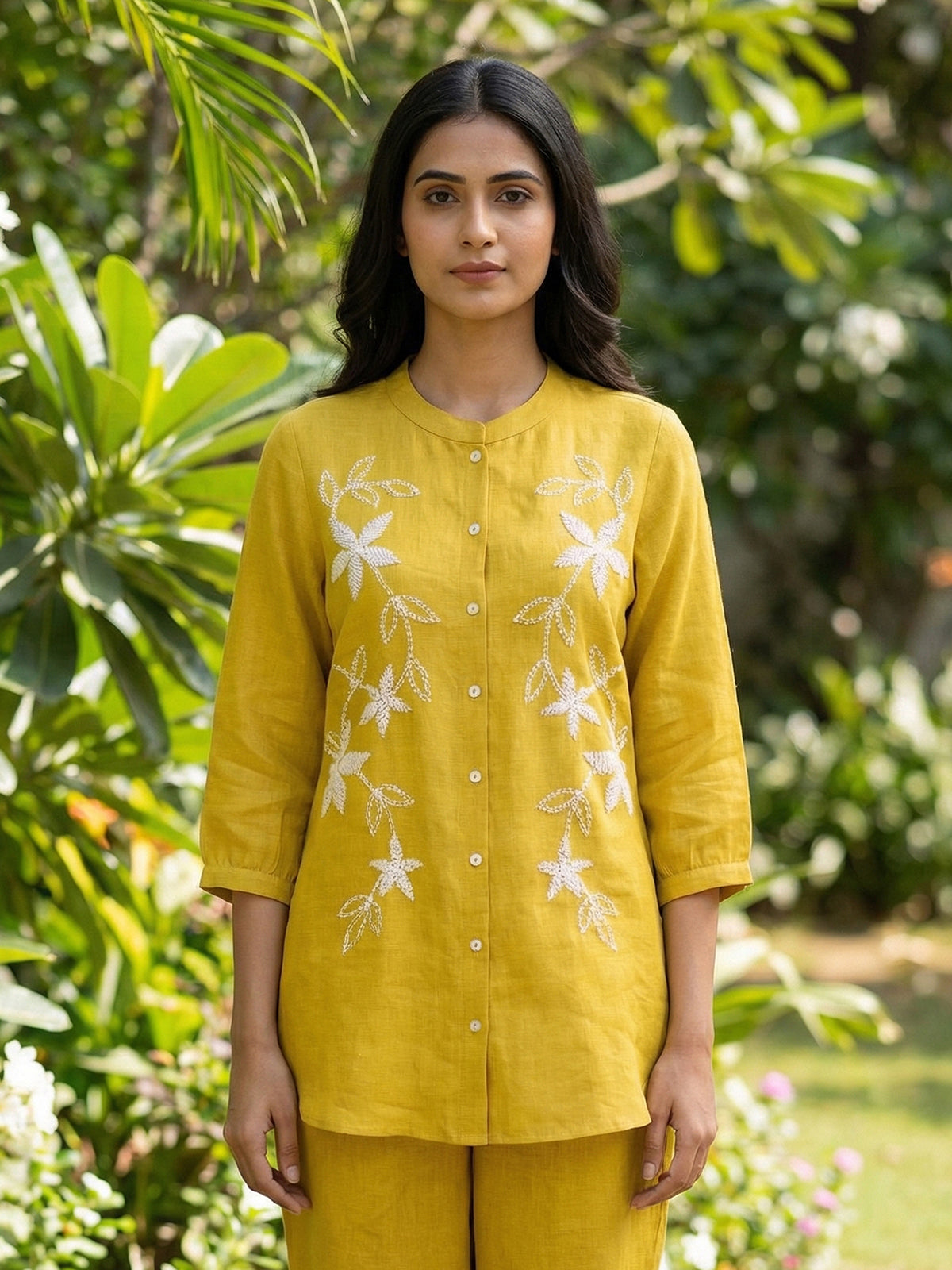 Yellow cotton linen women fresh botanical embroidered co-ord set