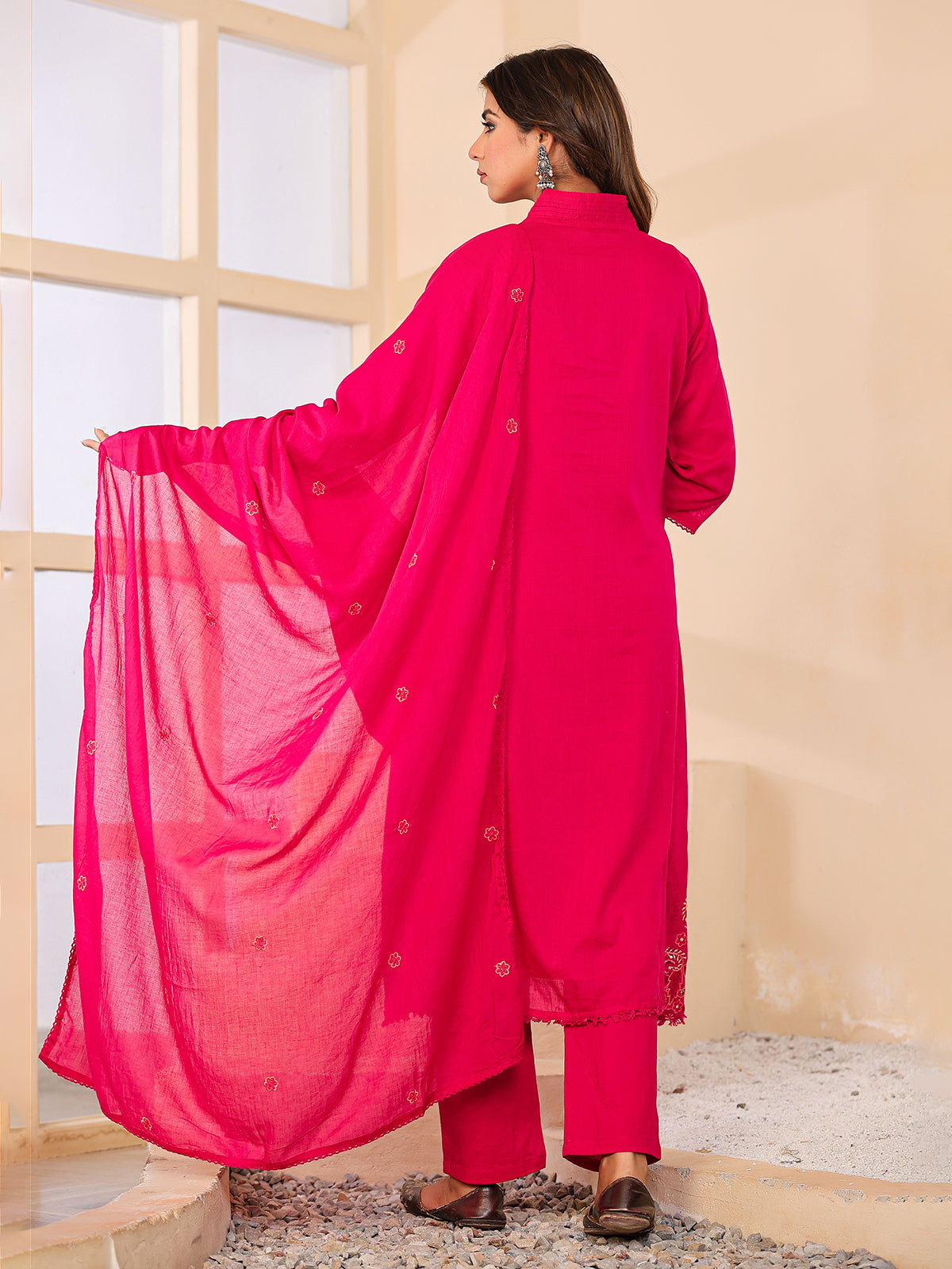 Rani pink cotton silk women charming floral anarkali kurti set