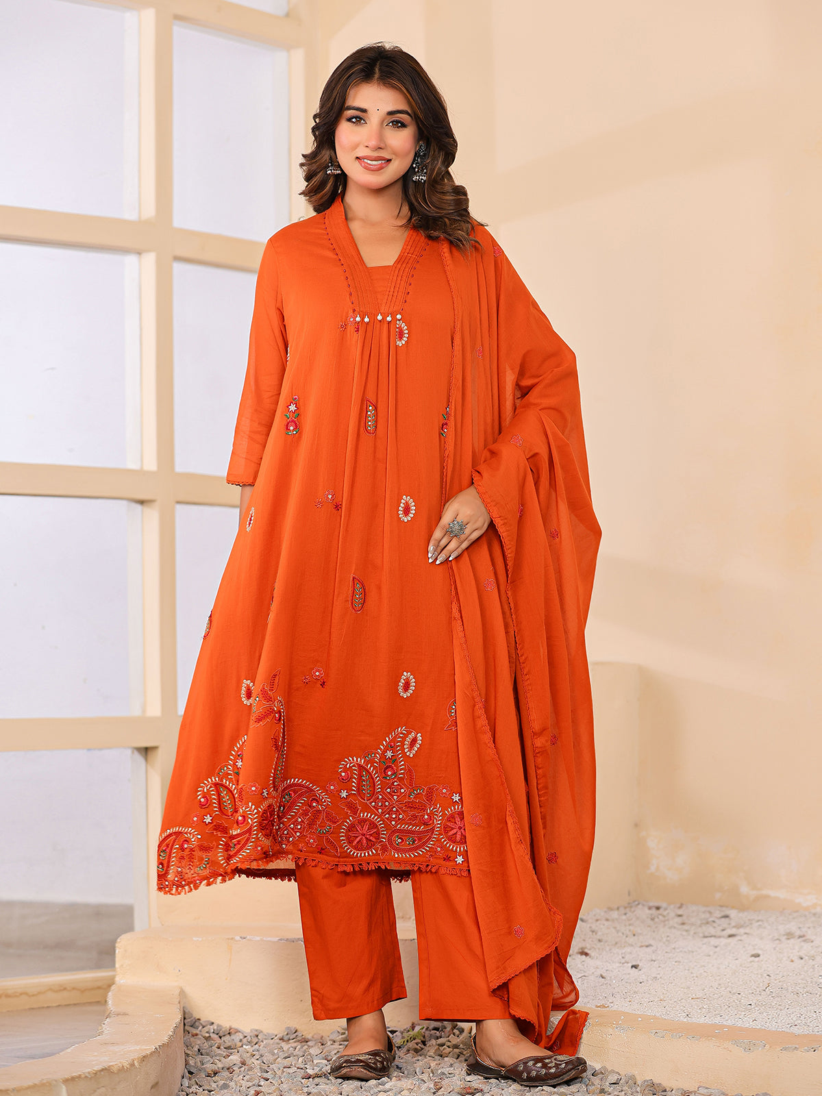 Orange cotton silk women vibrant floral anarkali kurti set