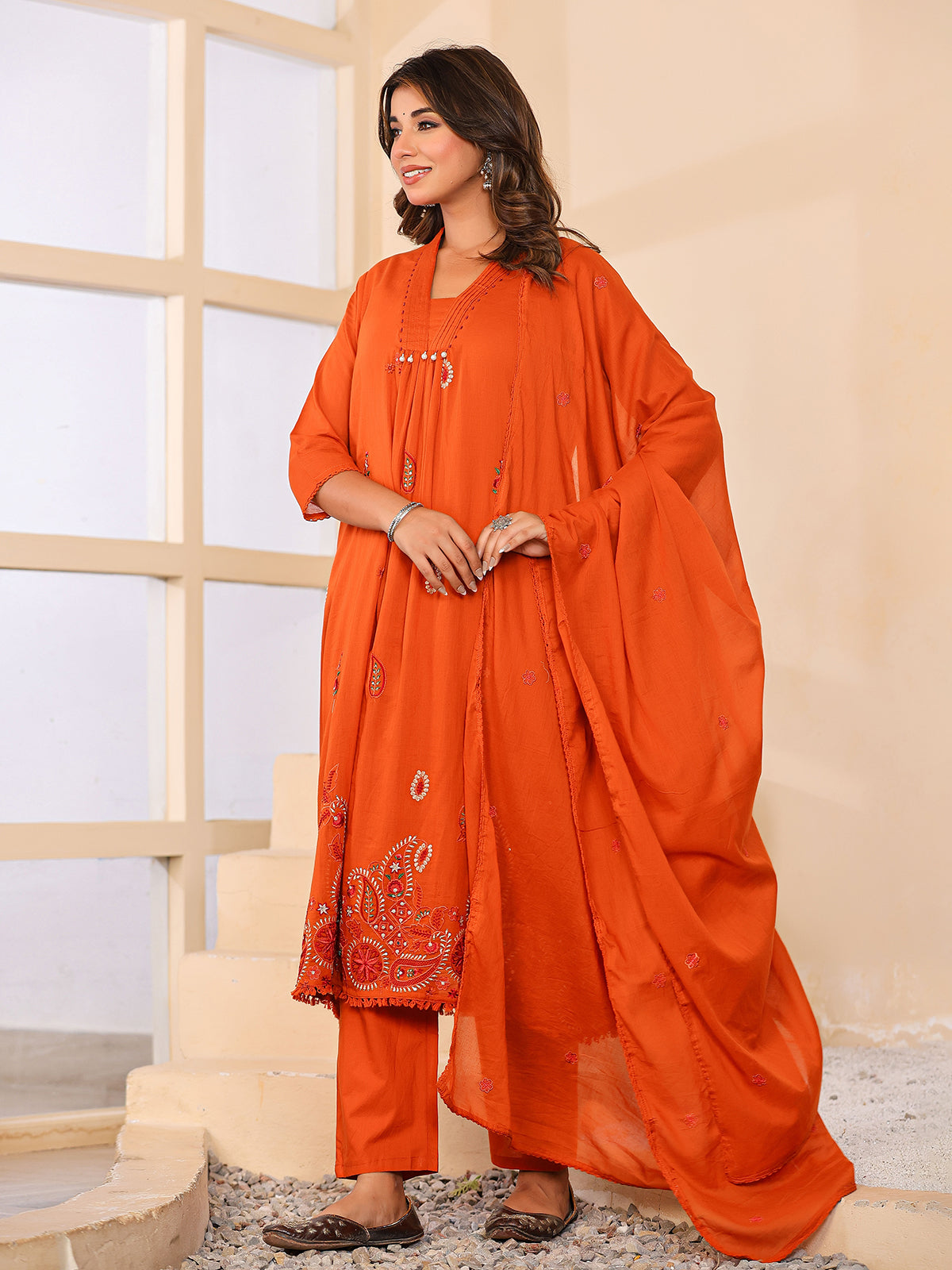 Orange cotton silk women vibrant floral anarkali kurti set