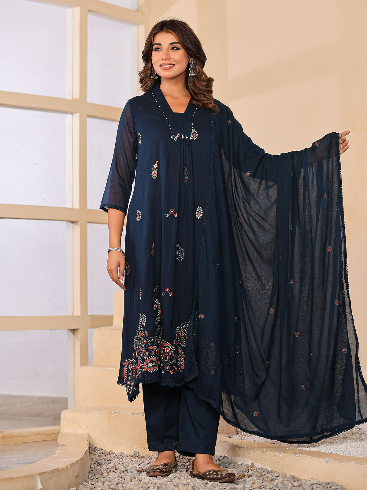 Navy blue cotton silk women elegant paisley anarkali kurti set