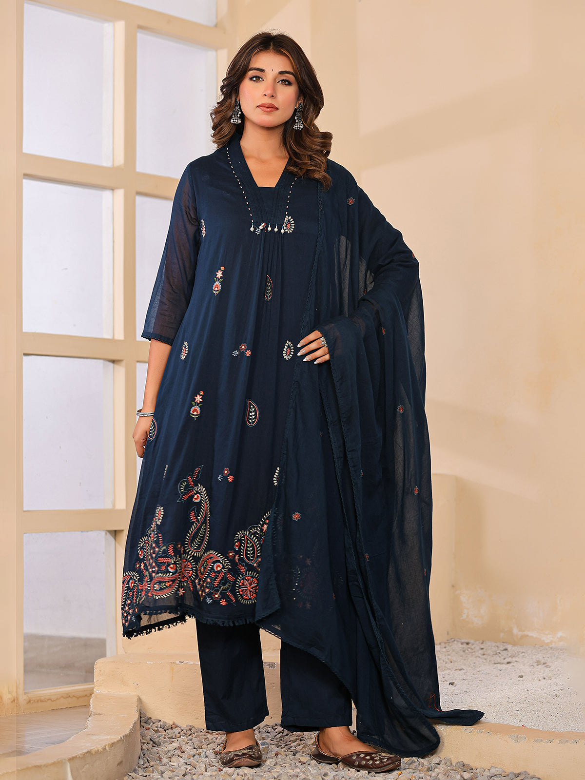 Navy blue cotton silk women elegant paisley anarkali kurti set