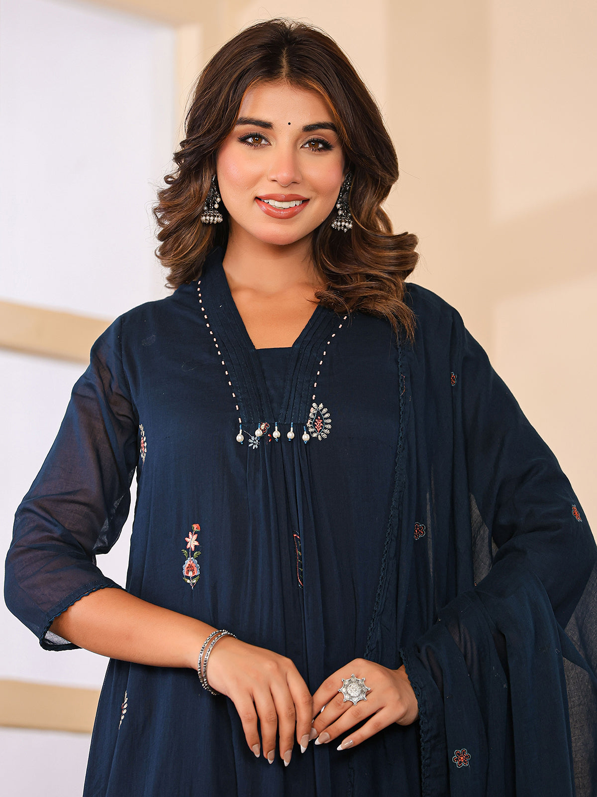 Navy blue cotton silk women elegant paisley anarkali kurti set