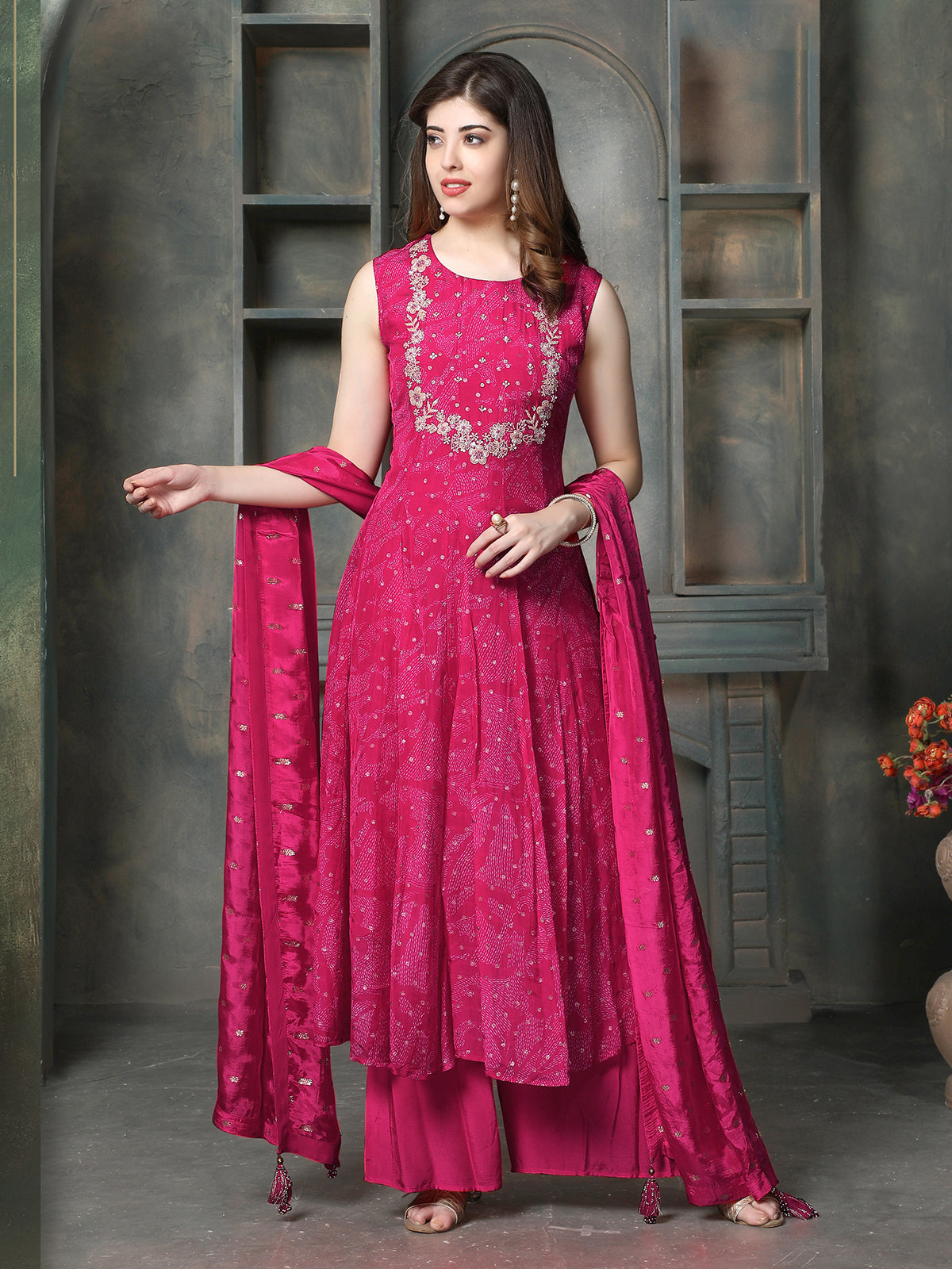 Pink georgette silk women bandhani anarkali palazzo kurti set