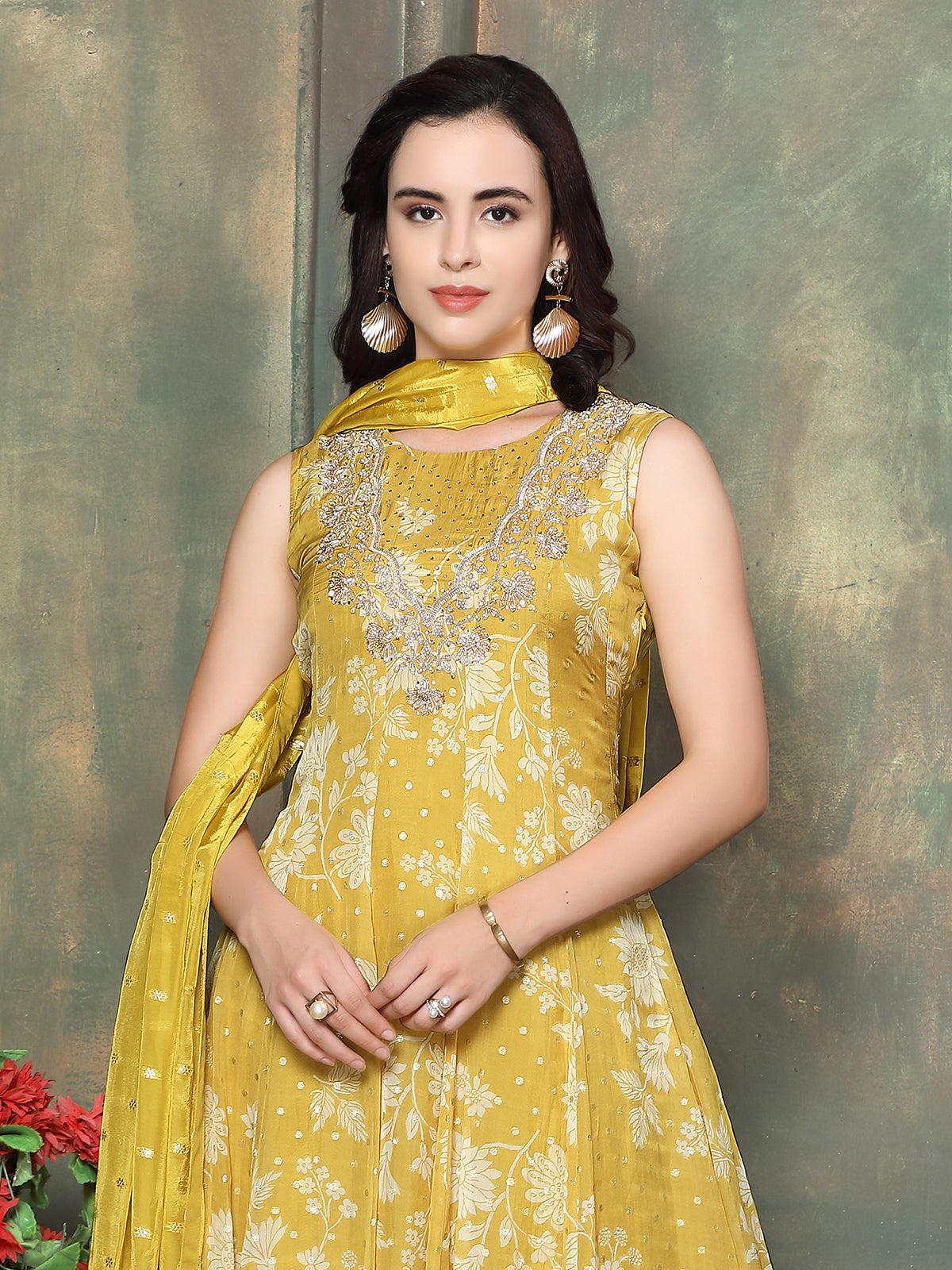 Yellow georgette silk women floral anarkali palazzo kurti set