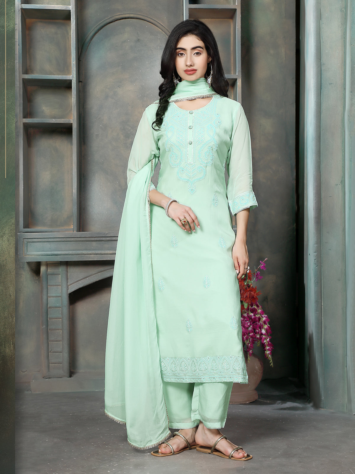 Aqua chanderi silk women elegant floral kurti set
