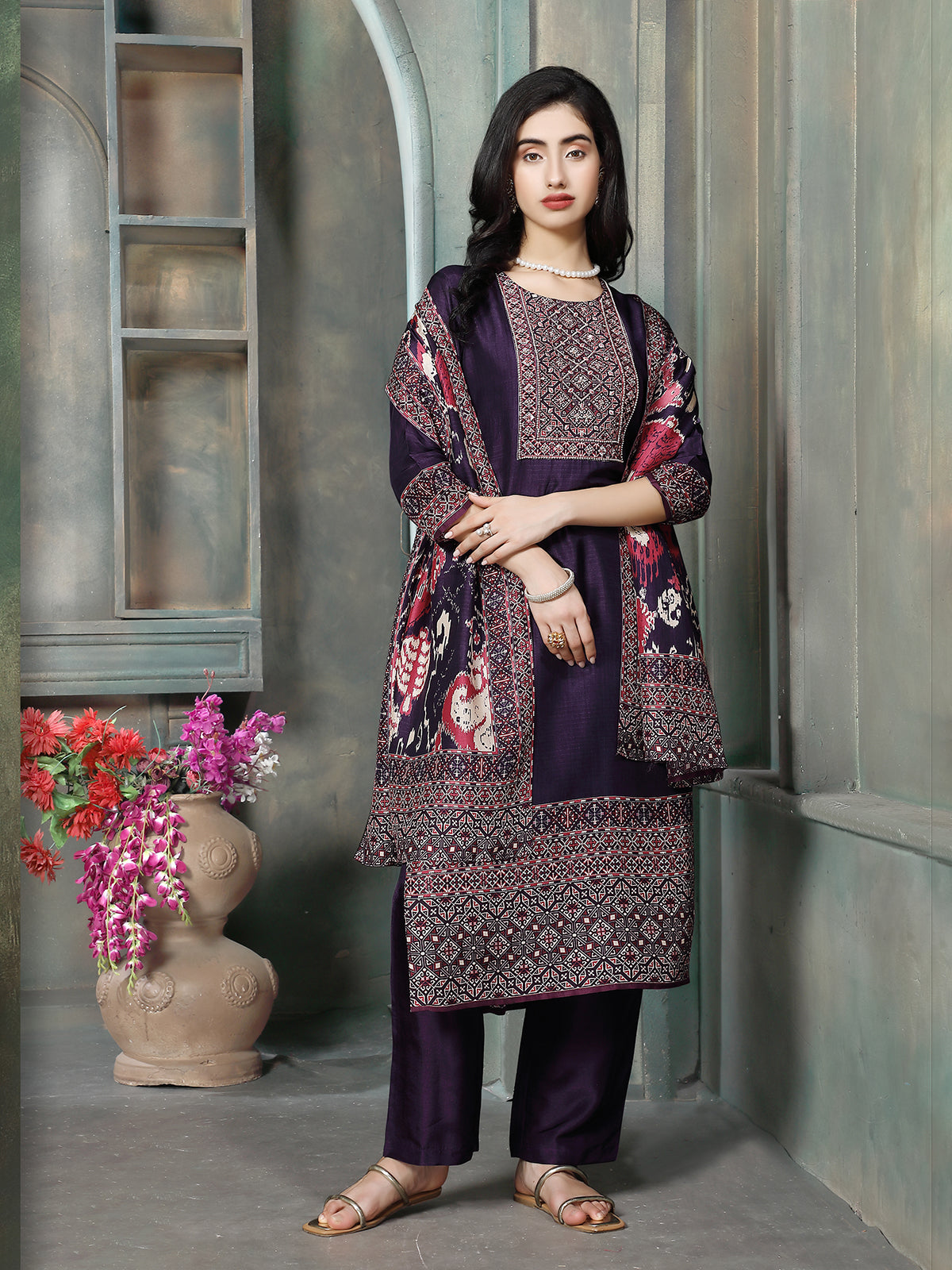 Purple silk women geometric patola kurti set