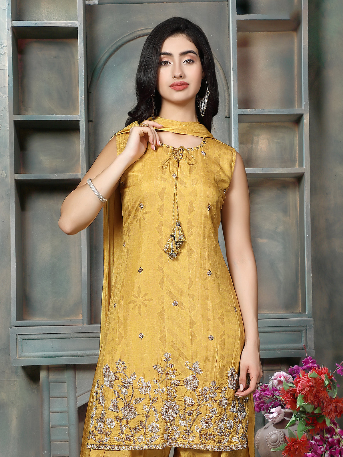 Mustard yellow silk women embroidered salwar kurti set