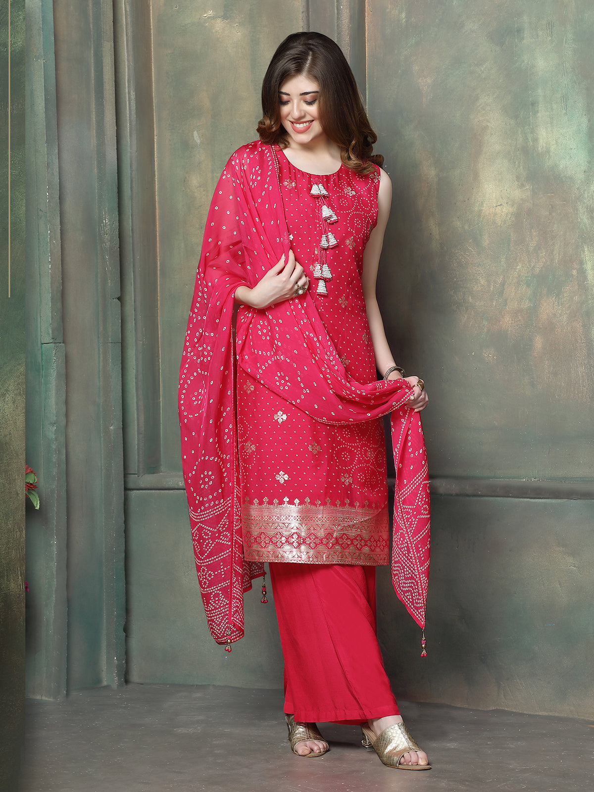 Pink georgette silk women rajasthani bandhani palazzo kurti set