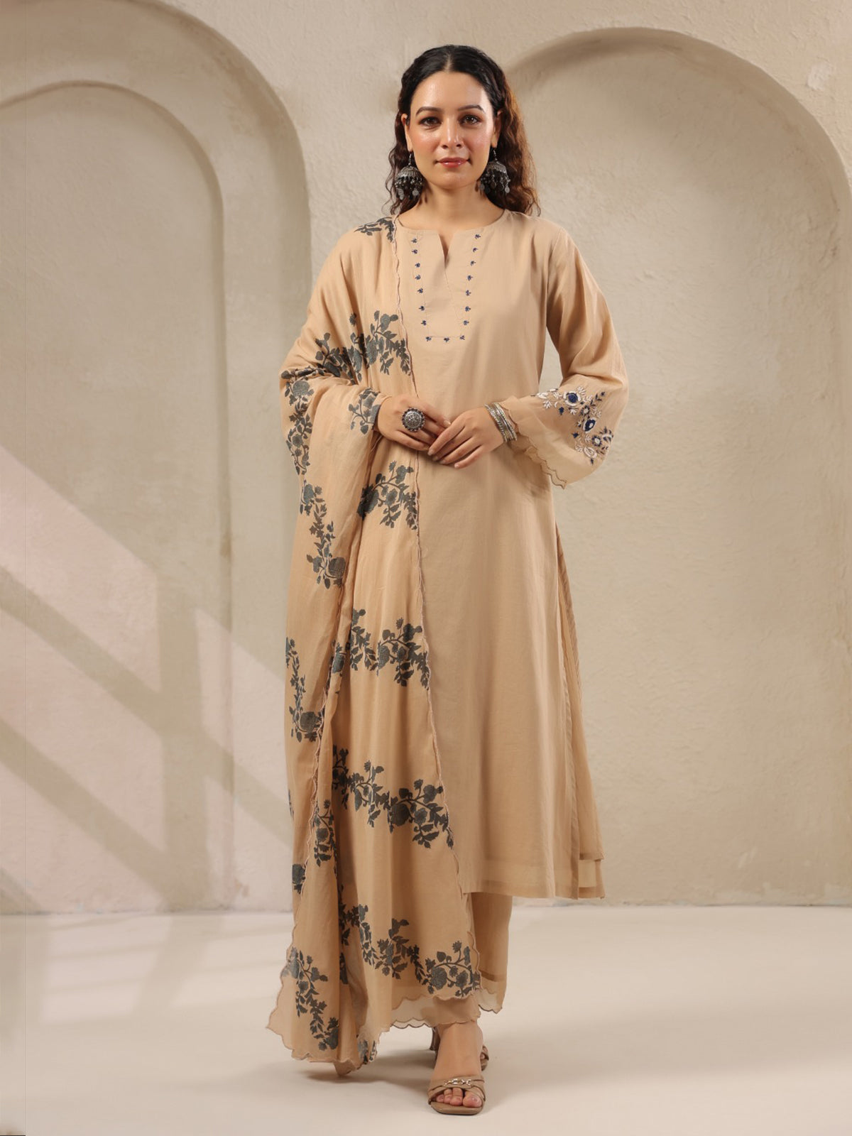 Beige threadwork floral printed dupatta silk kurti set for women