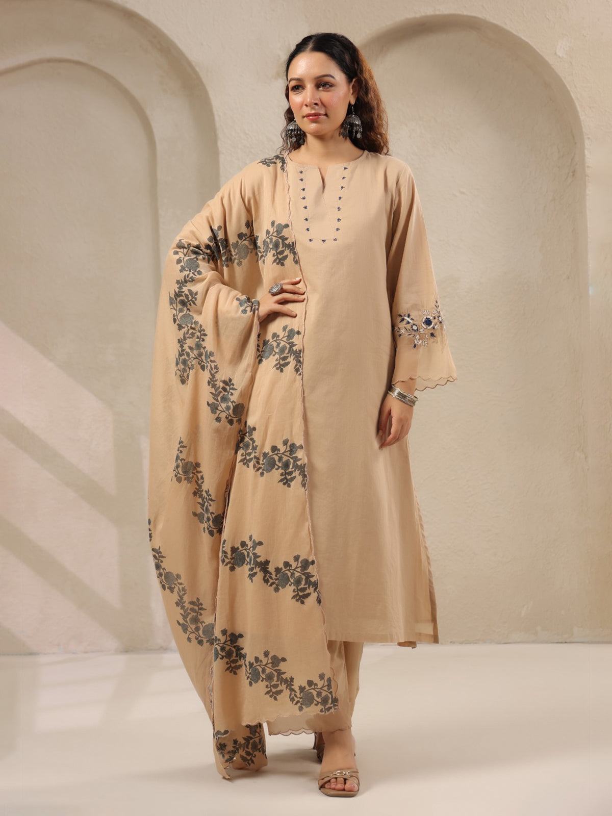 Beige threadwork floral printed dupatta silk kurti set for women