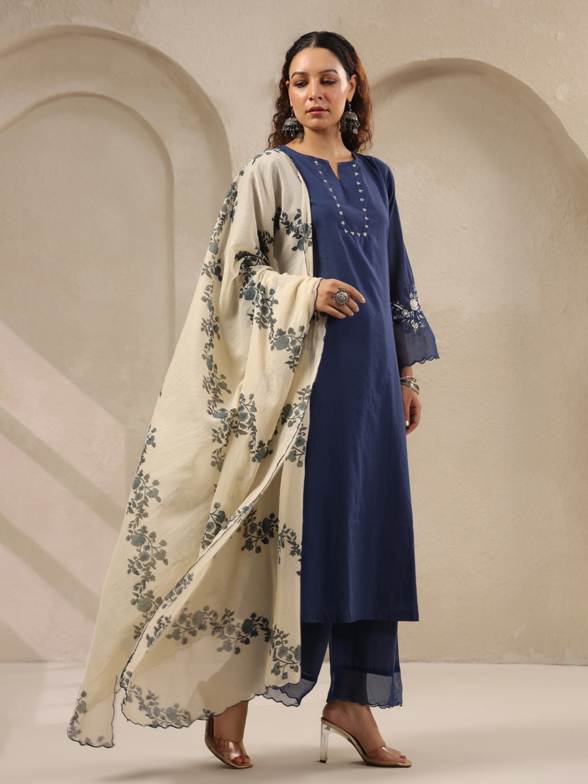 Navy threadwork floral printed contrast dupatta silk kurti set