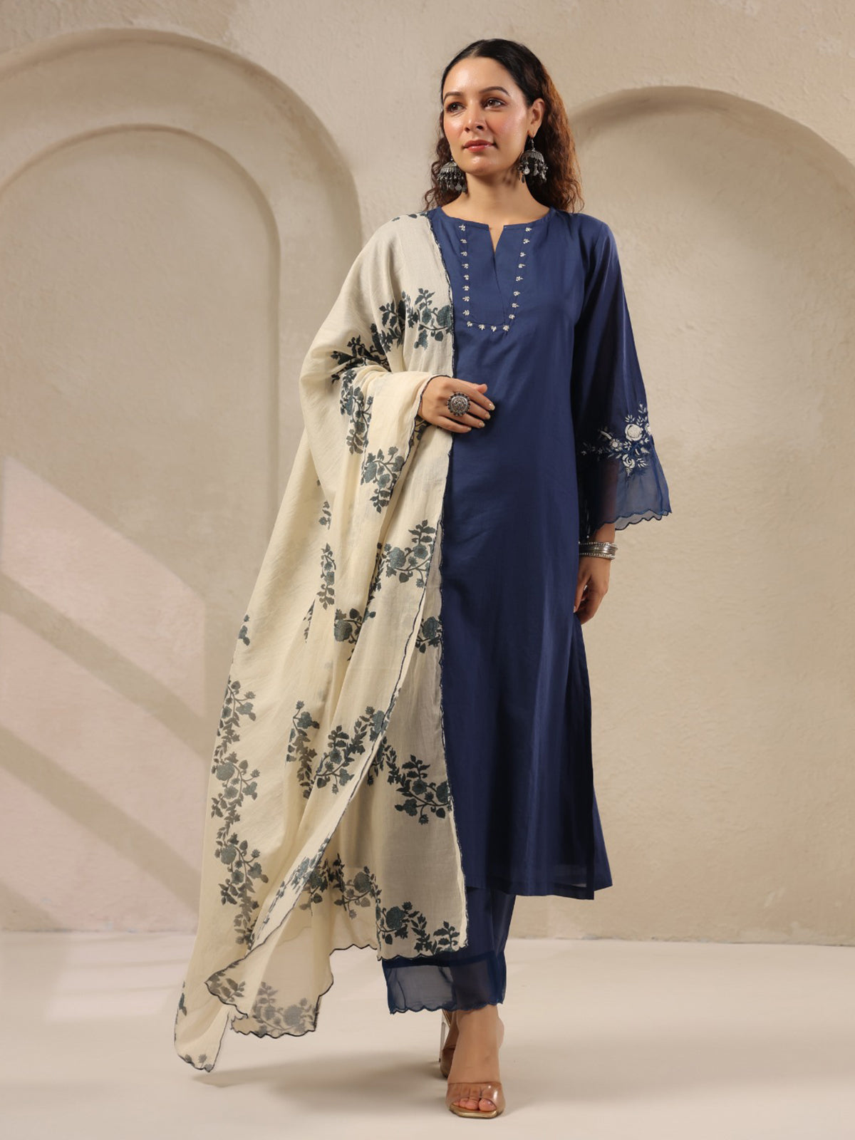 Navy threadwork floral printed contrast dupatta silk kurti set