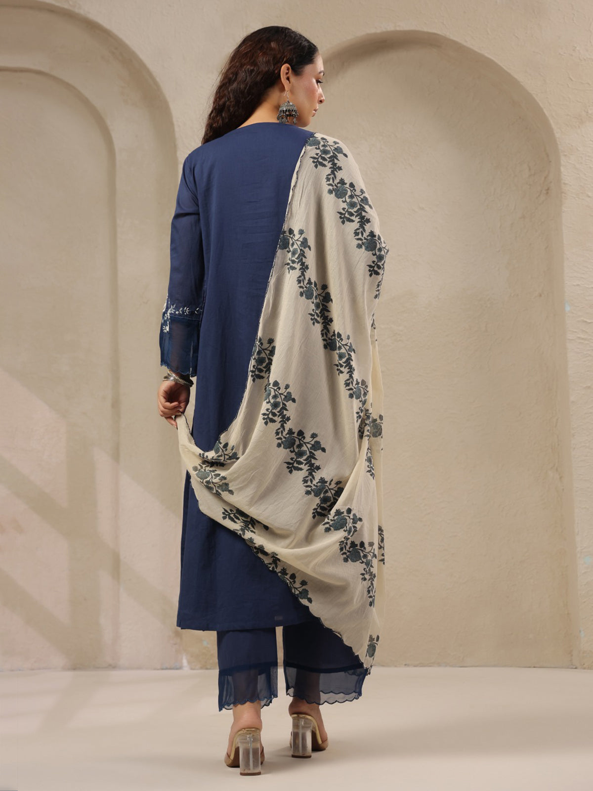 Navy threadwork floral printed contrast dupatta silk kurti set