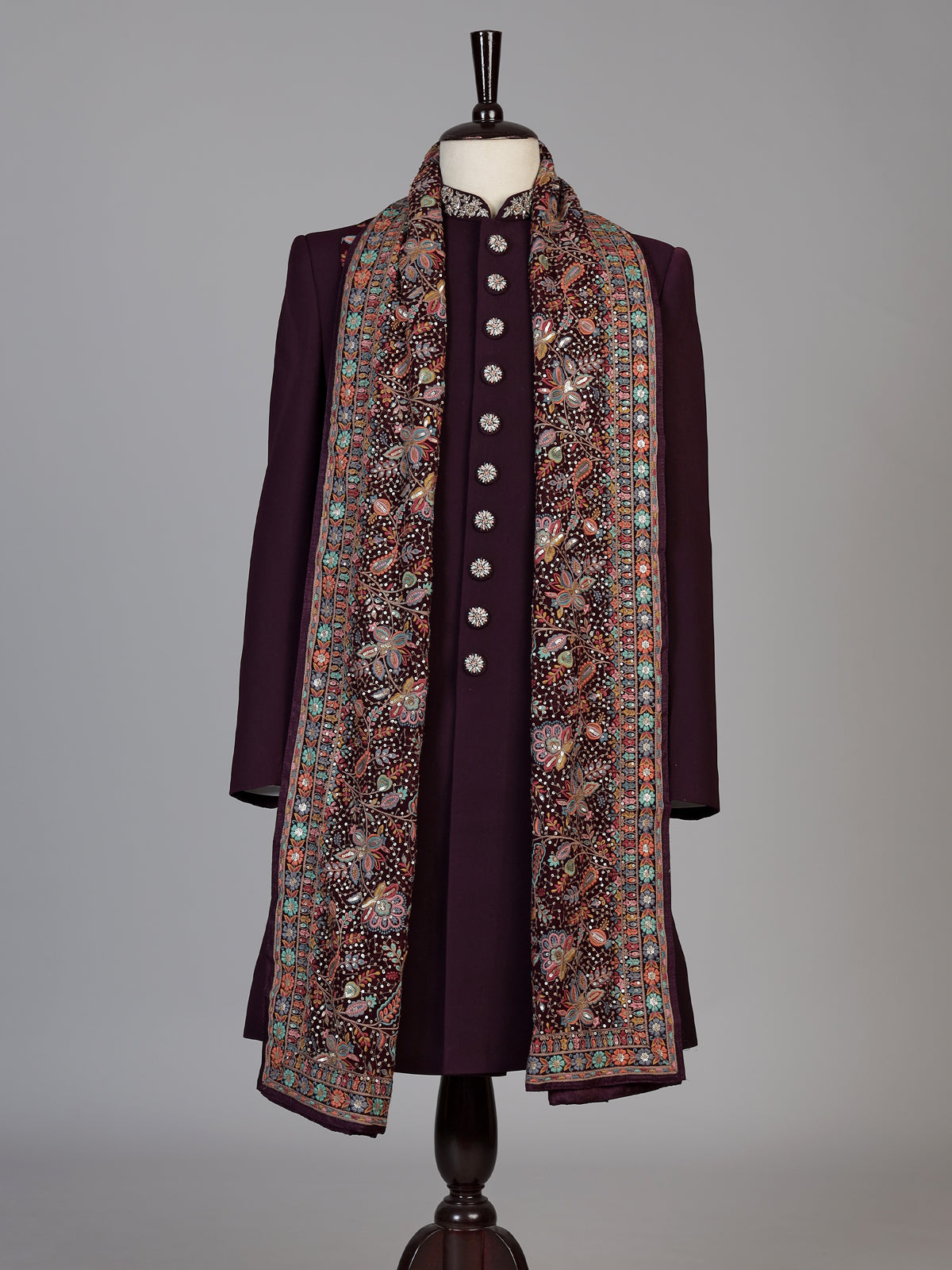 Wine embroidered groom sherwani for men
