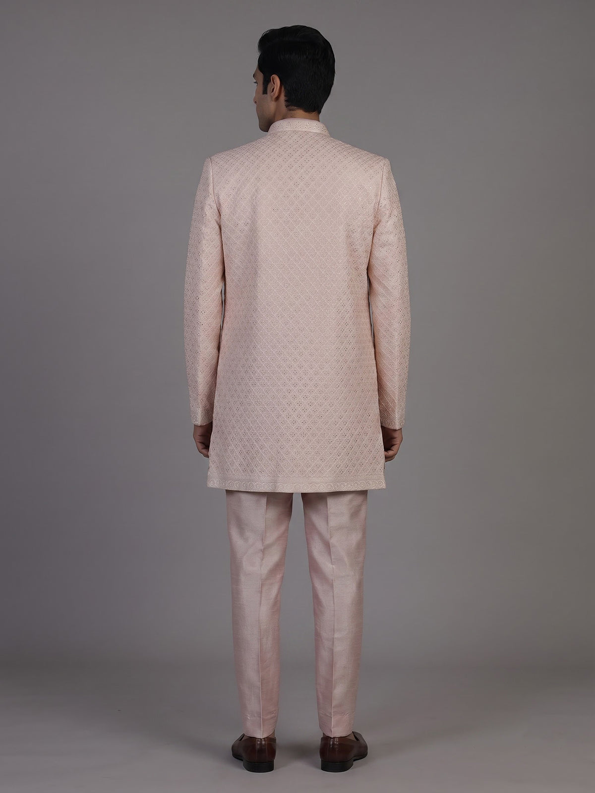Pink jacquard silk jacket sherwani for men