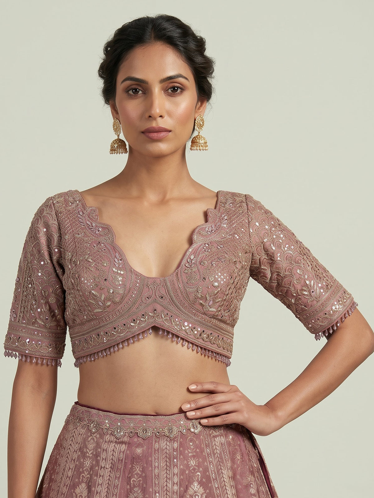 Dusty mauve pink kashmiri paisley lehenga choli for women