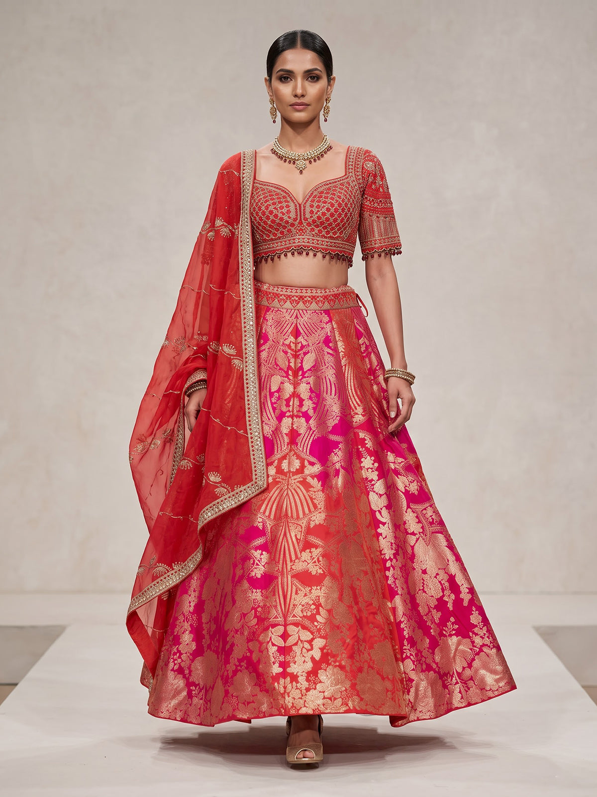 Rani pink mughal bouquet lehenga choli for women