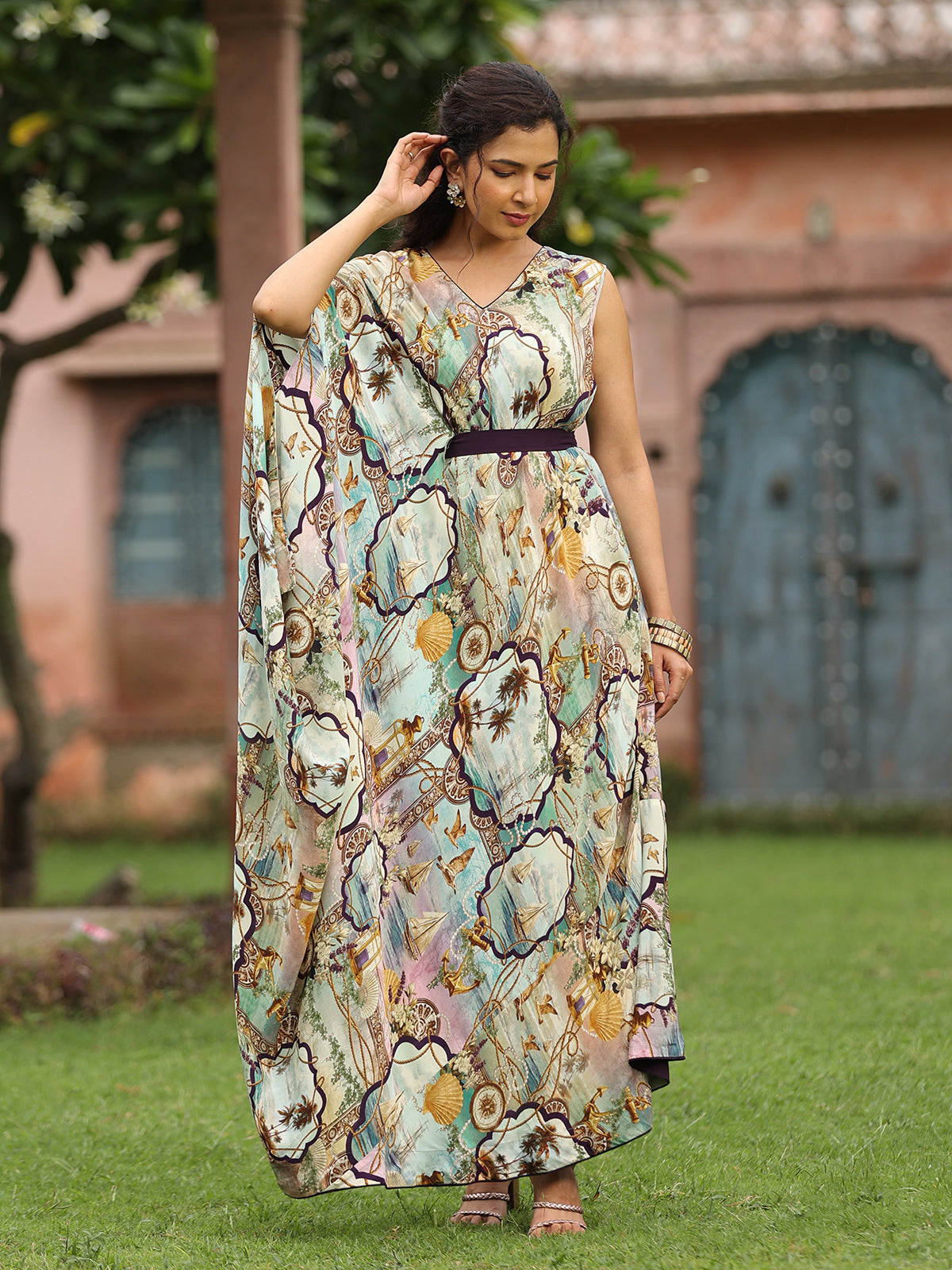 Pista green printed designer drape kurti with belt