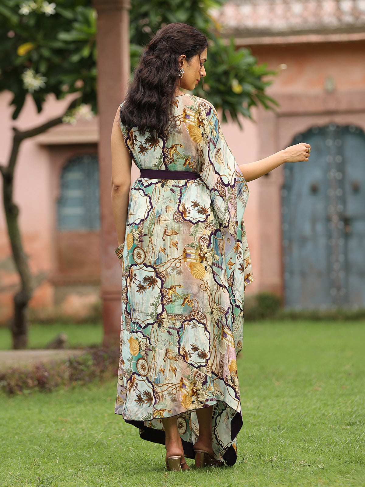 Pista green printed designer drape kurti with belt
