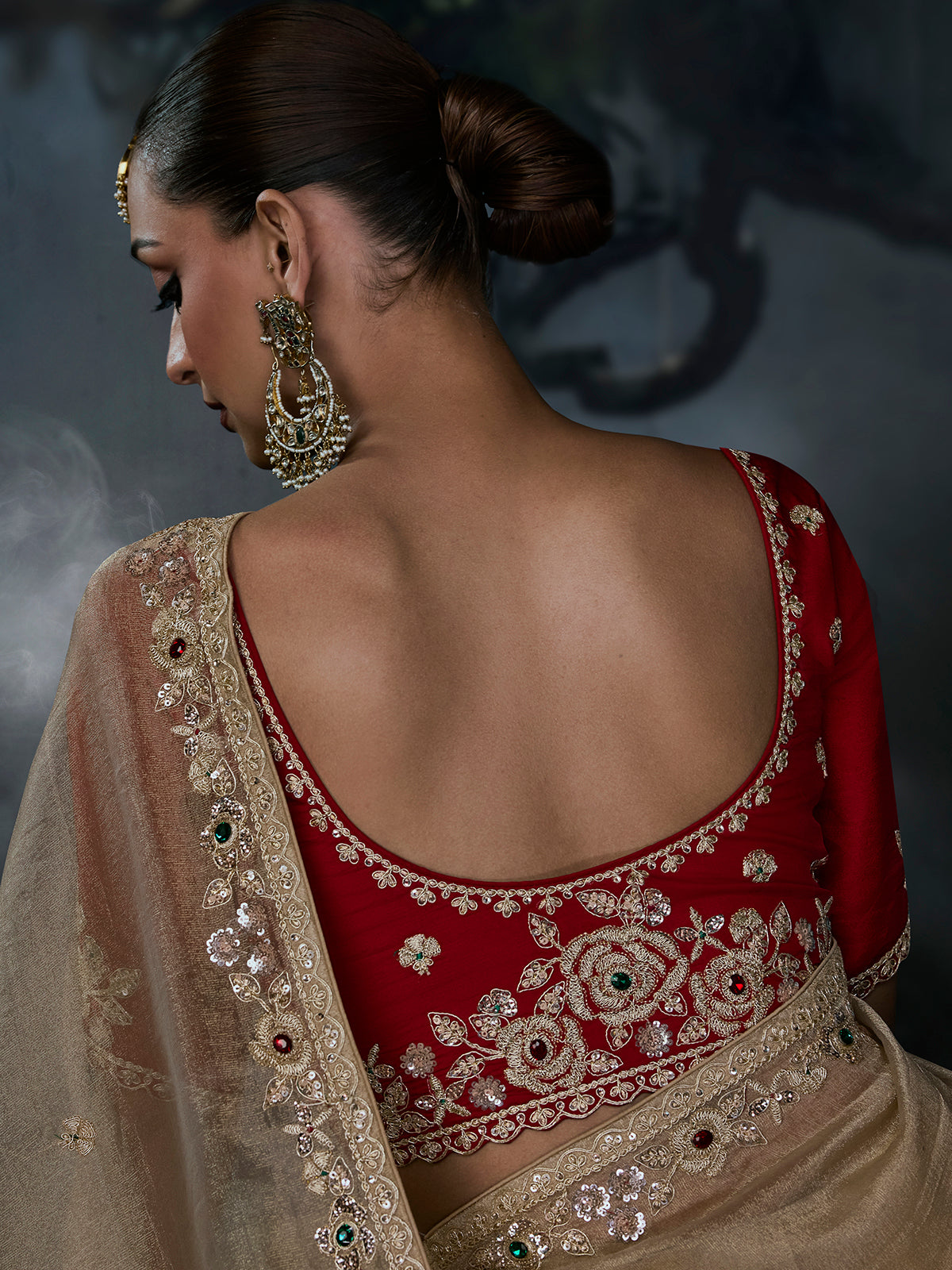 Beige women luxurious tissue organza saree