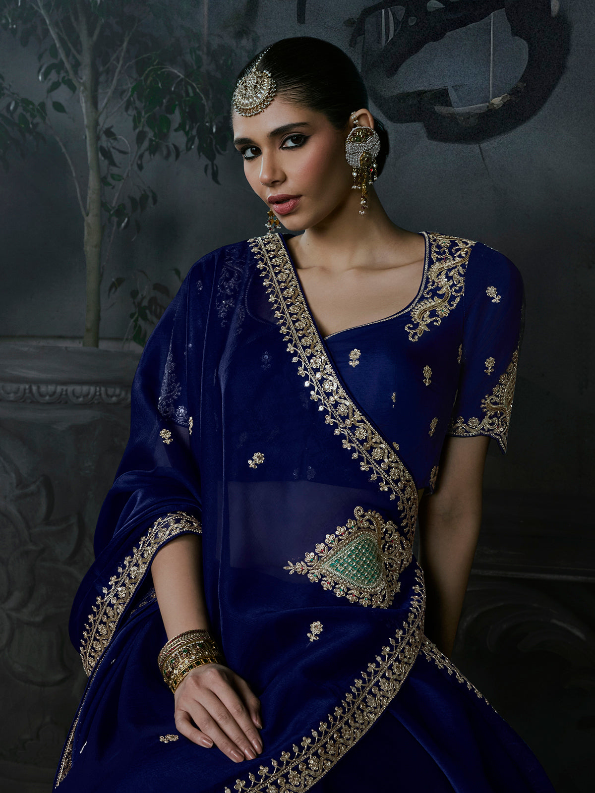 Blue women elegant tissue organza saree