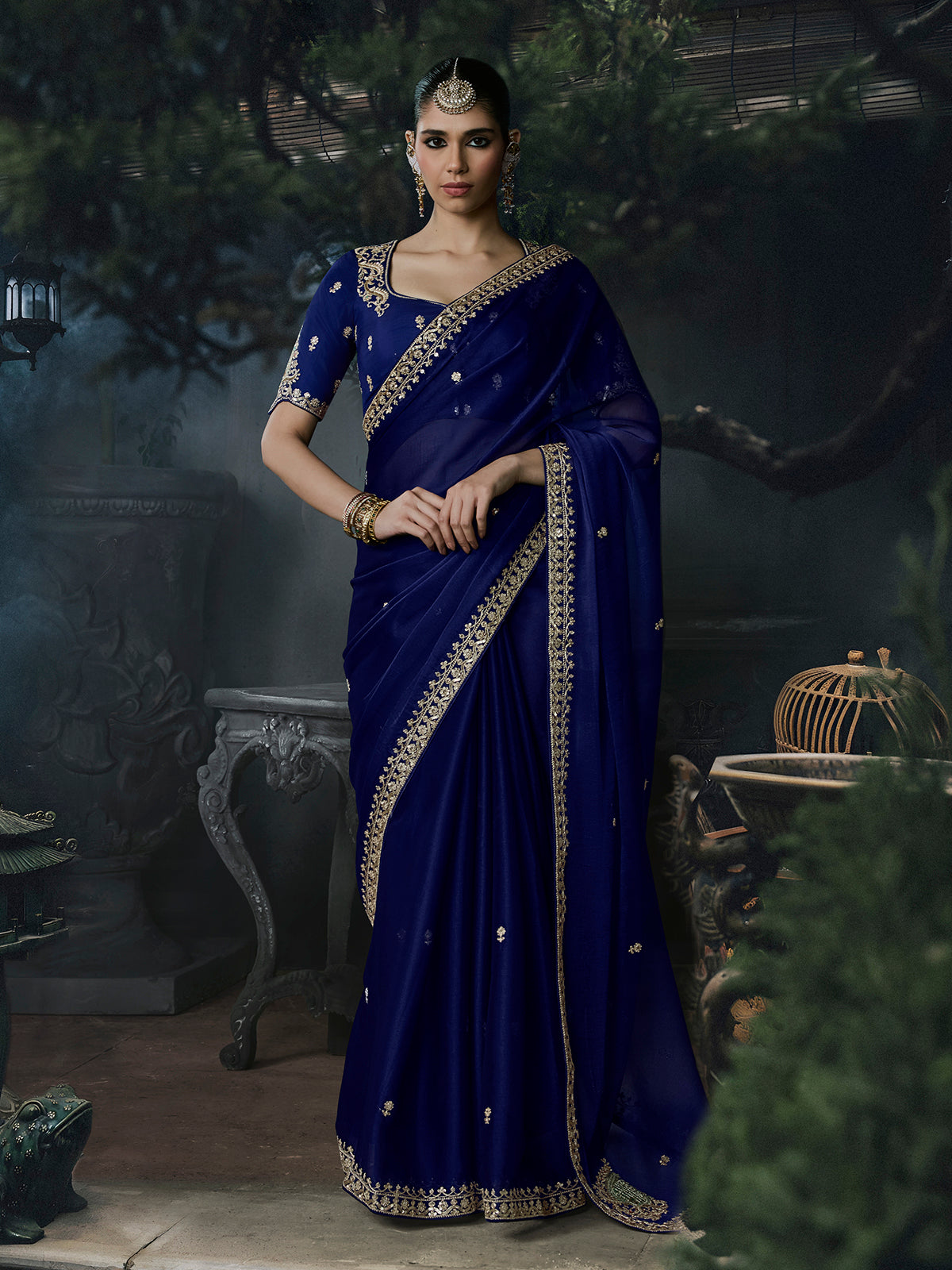 Blue women elegant tissue organza saree
