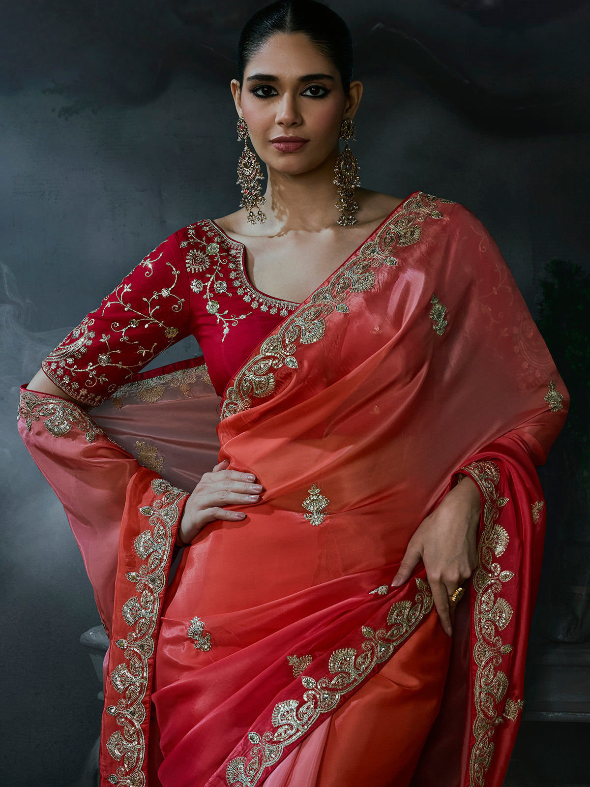 Red women shaded tissue organza saree