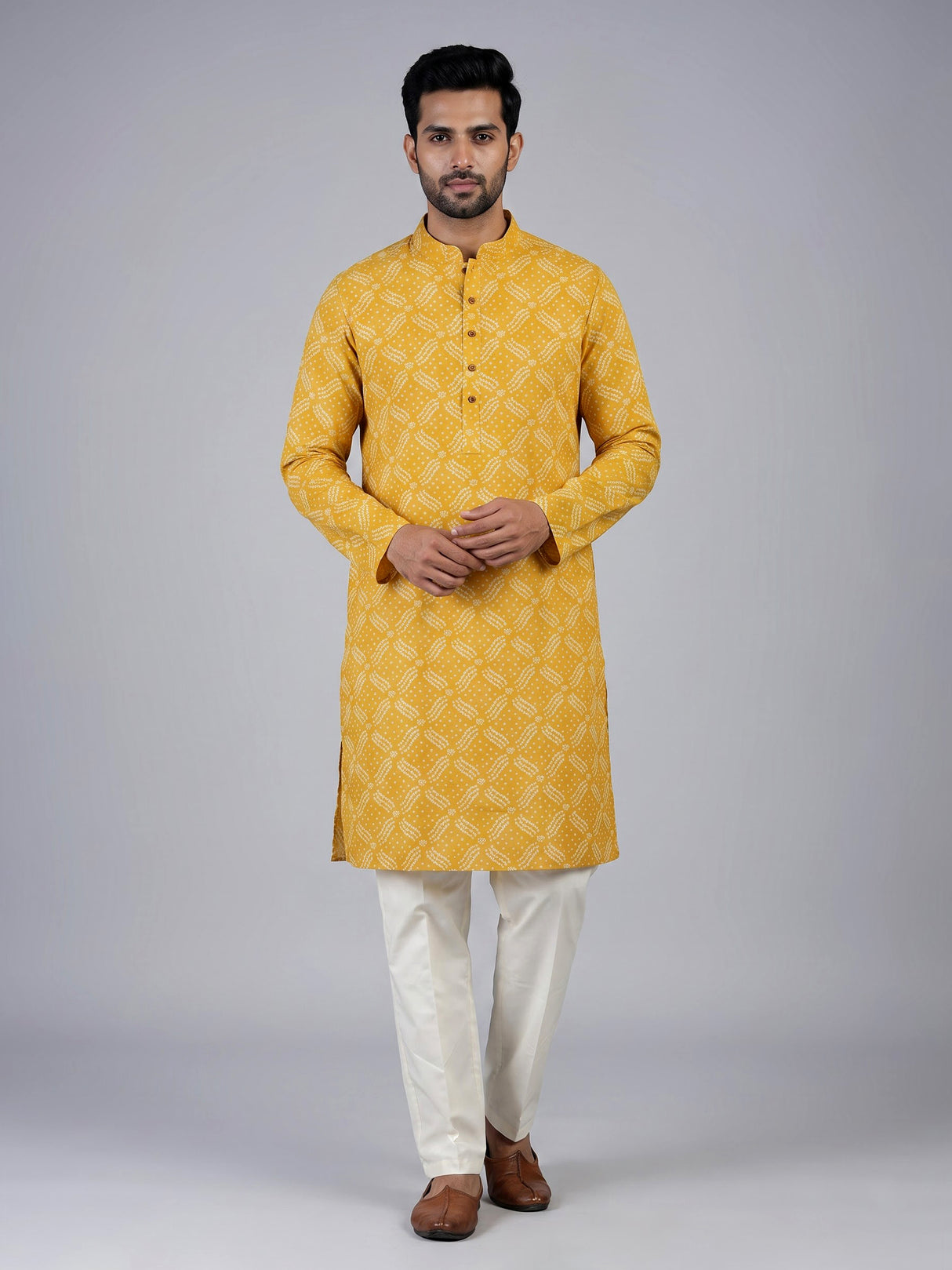 Mustard yellow silk bandhani printed kurta suit for haldi for men