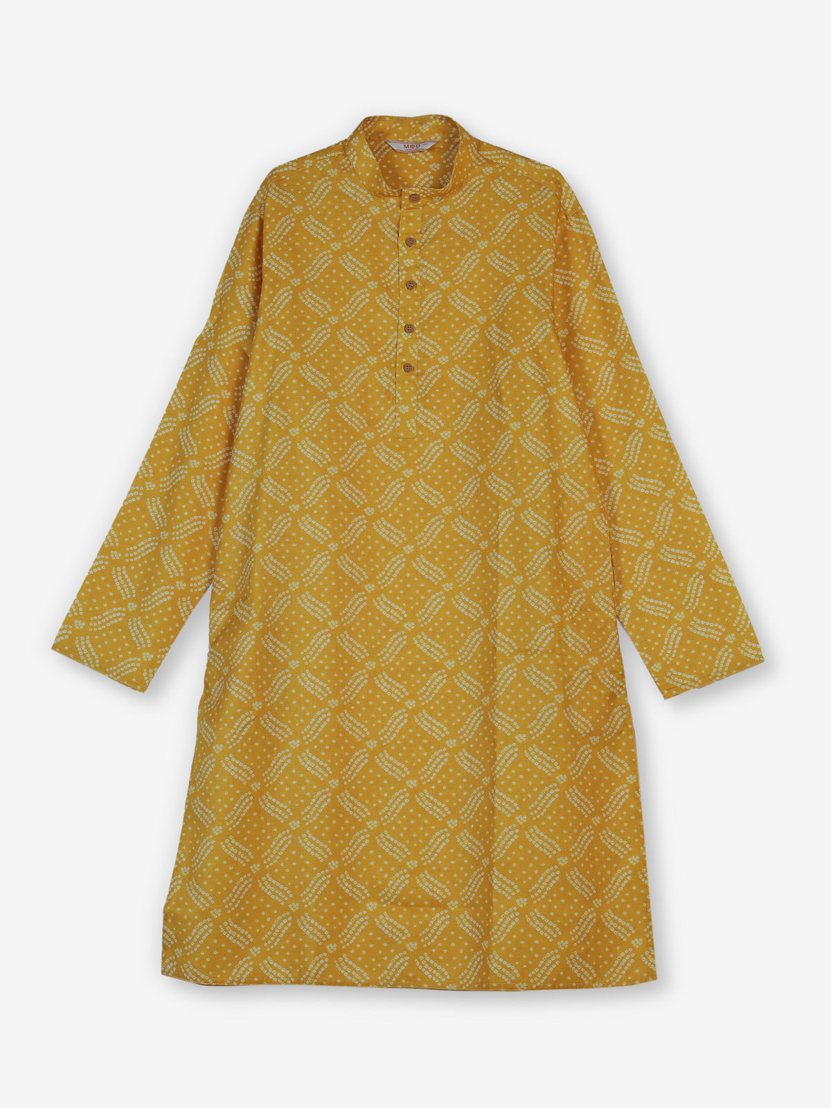 Mustard yellow silk bandhani printed kurta suit for haldi for men