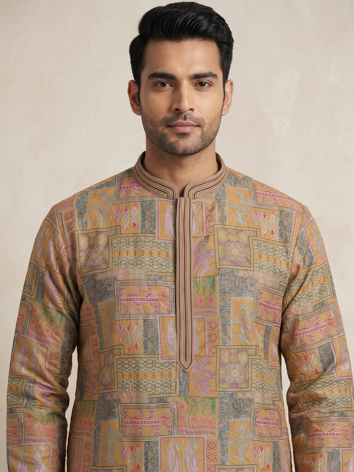 Beige silk printed kurta suit with thread weaving for men