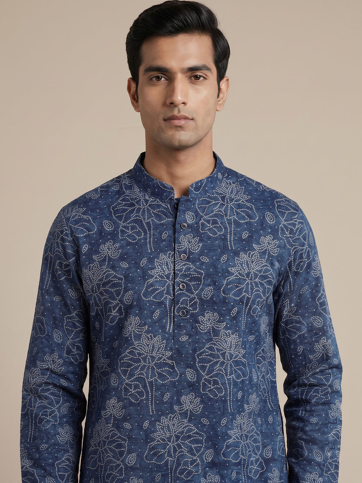 Blue silk printed kurta suit for festive celebrations for men