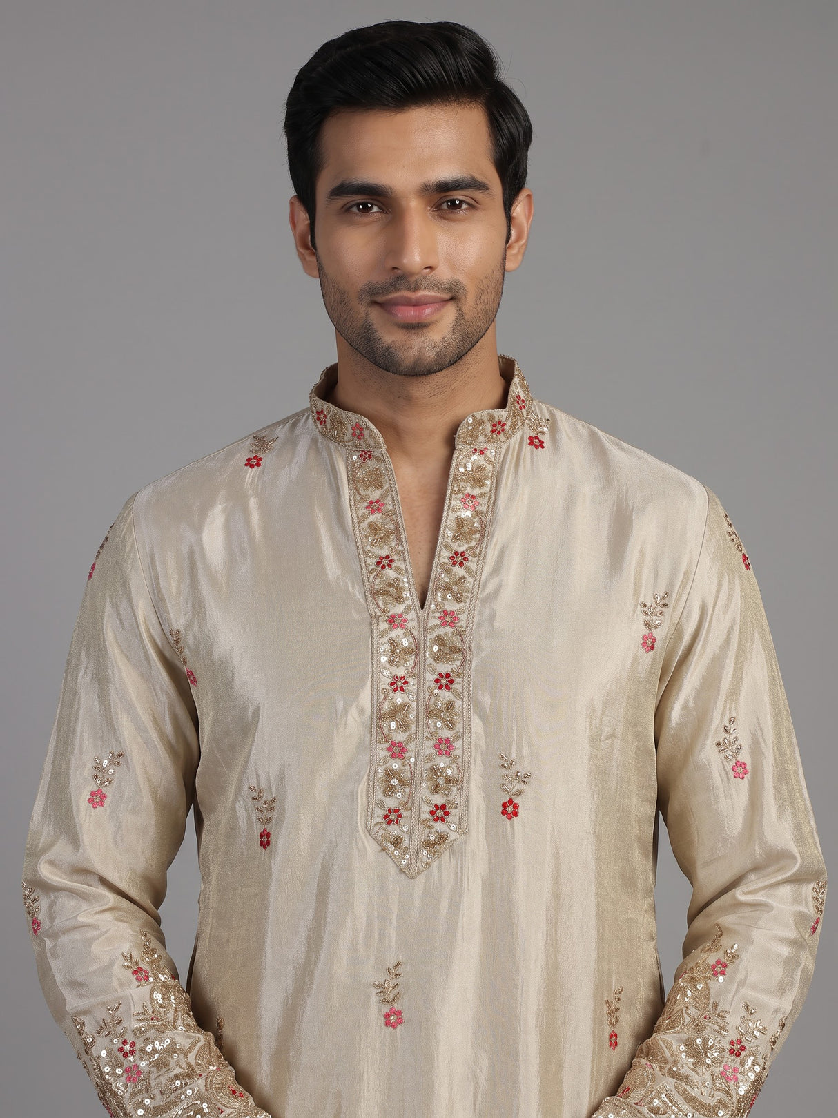 Cream silk kurta suit with cutdana thread and sequins for men