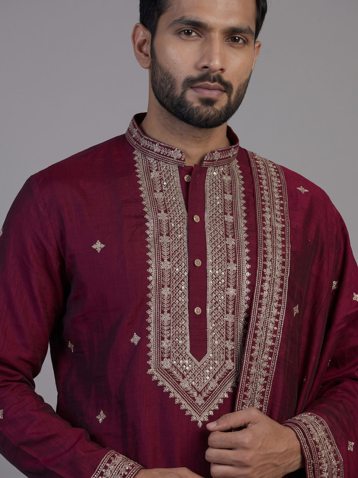 Wine silk blend kurta suit with resham sequins and dupatta for men
