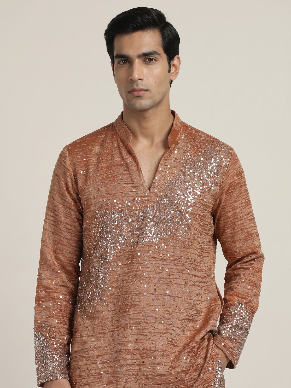 Pastel orange metallic silk tissue kurta suit with embellishments for men