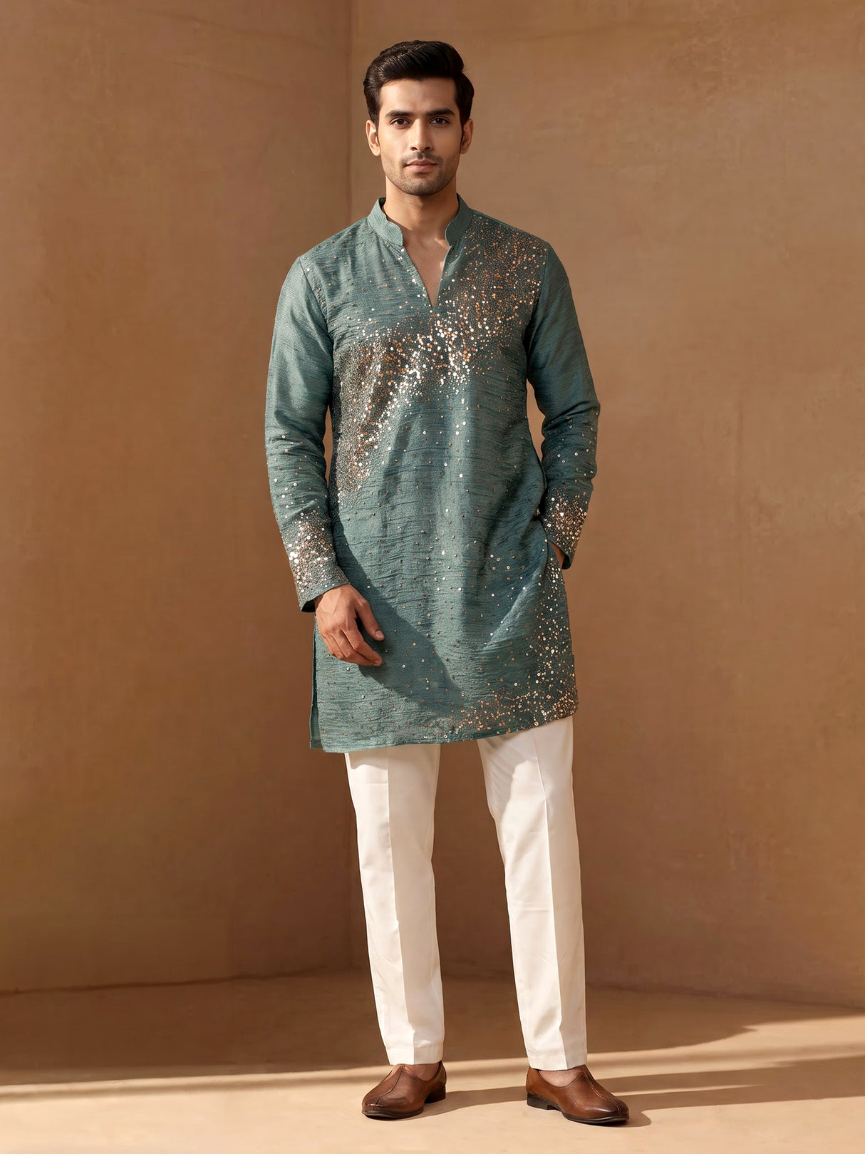 Pastel blue metallic silk tissue kurta suit with cutdana sequins for men