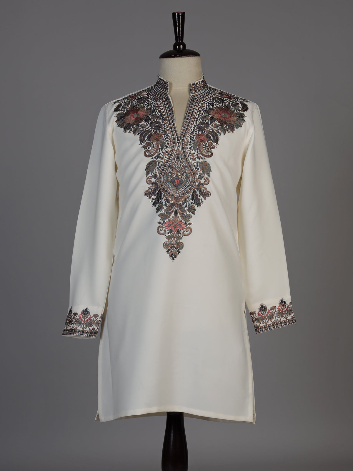 Cream silk blend kurta suit with embroidery and sequins for men