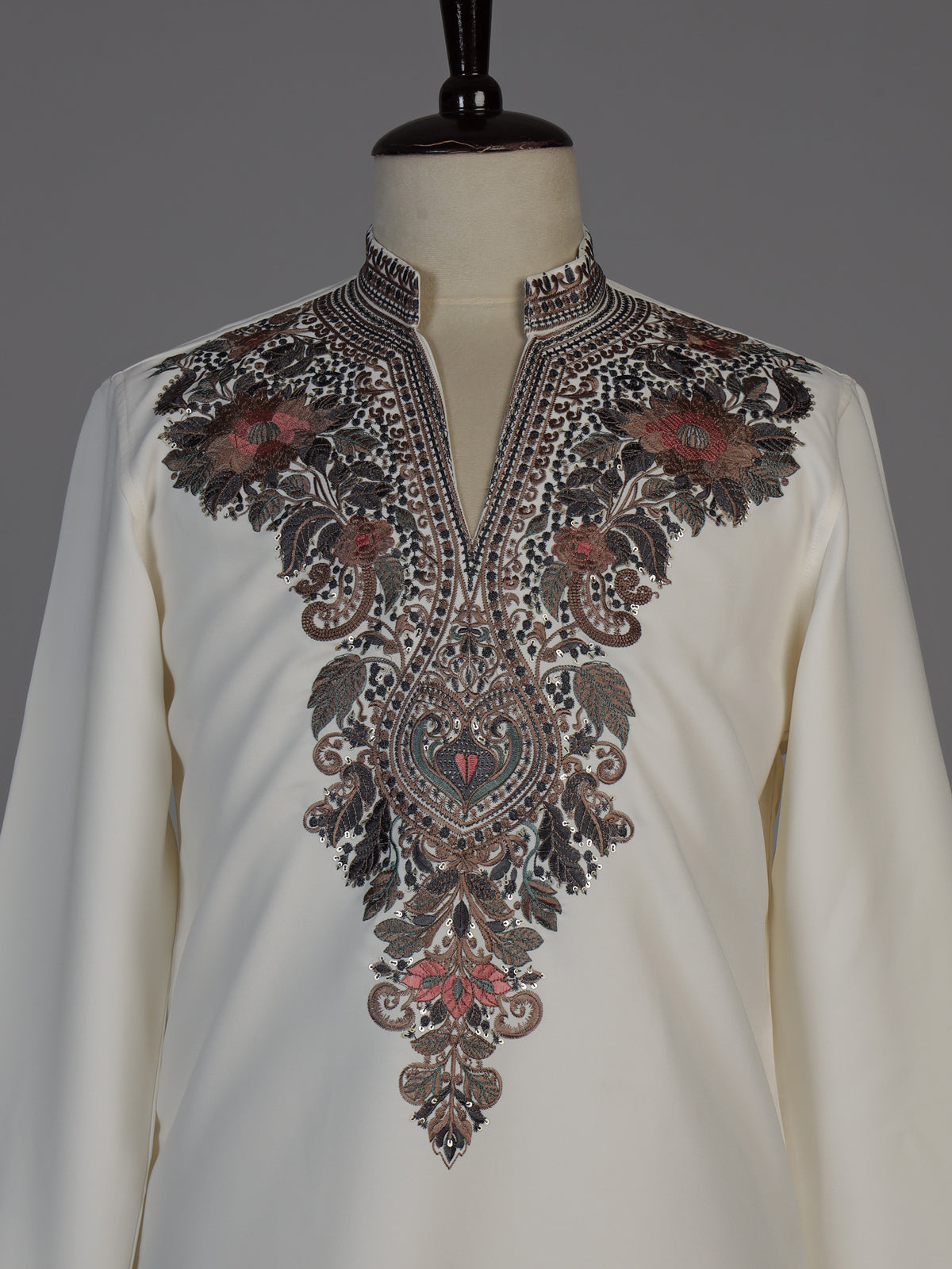 Cream silk blend kurta suit with embroidery and sequins for men