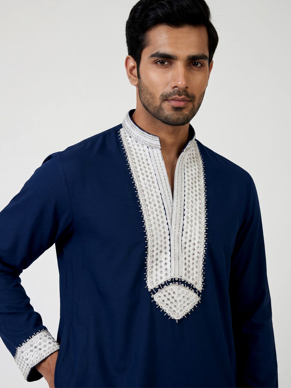 Navy silk blend kurta suit with cutdana beads diamond embellishments for men